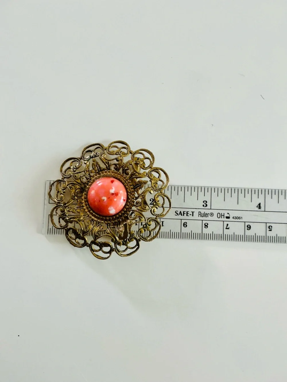 Vintage Filigree Round Brooch with Coral Cabochon Renaissance Revival Retro EUC
